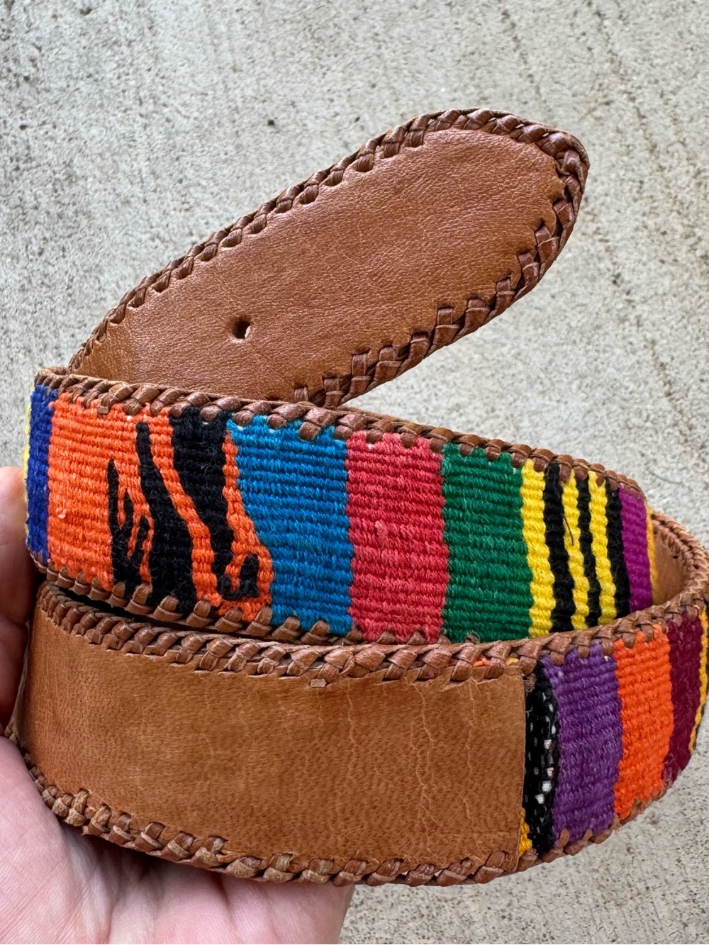 Brown Leather & Multicolor Cotton Ikat Fabric Boho Belt Size: Medium - Picture 3 of 5
